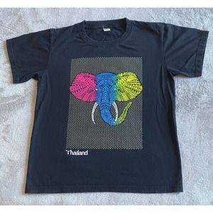 Vintage Thailand Elephant Shirt Men’s Large Black Puff Print Neon Art Tee Travel